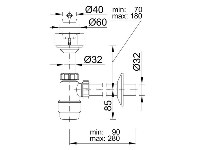 Mosdószifon, fix leeresztőszeleppel, Ø32 mm-es elfolyással - Styron