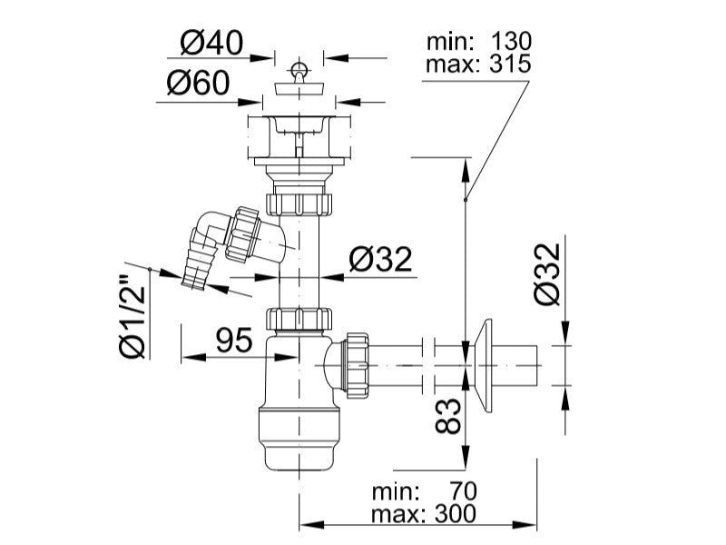 Styron STY-533-1 Mosdószifon, leeresztőszeleppel, mosógép csatlakozóva, 32 mm-es