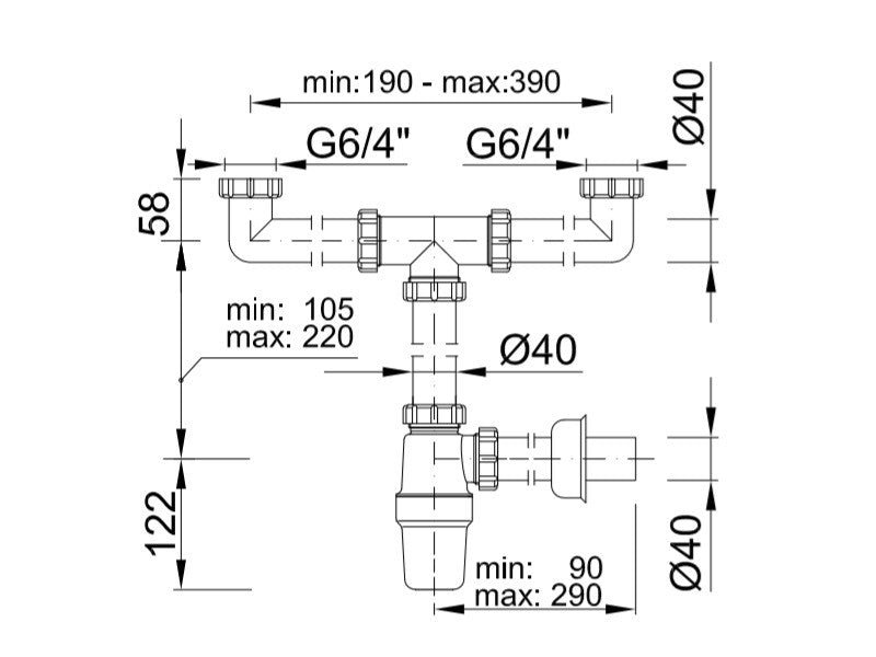 Styron STY-539-2 Kétmedencés mosogatószifon, leeresztőszelep nélkül, 40 mm-es elfolyással