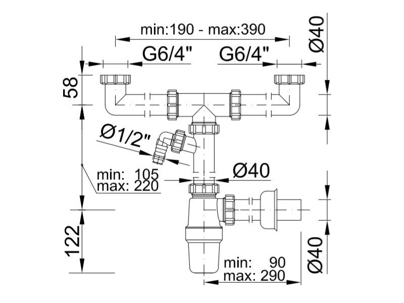 Styron STY-539-3 Kétmedencés Mosogatószifon, leeresztőszelep nélkül, mosogatógép csatlakozóval, 40 mm-es elfolyás