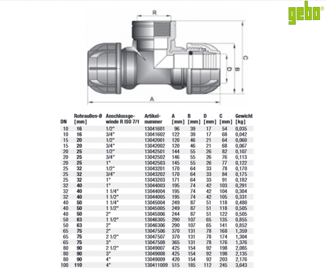 Gebo - PTI KPE T-Idom - 16mmx1/2"Bx16mm