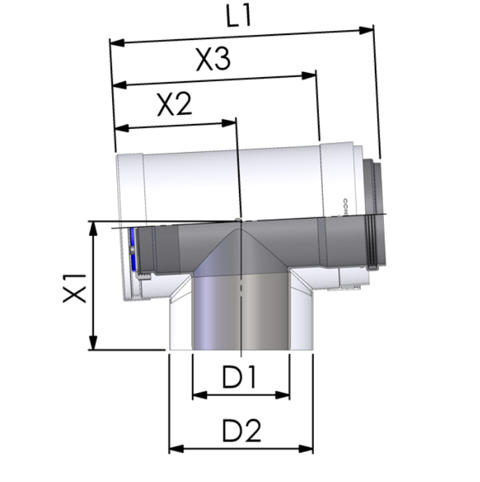 TRICOX PAET50C PPs/alu Koncentrikus ellenőrző T-idom - 60/100 mm